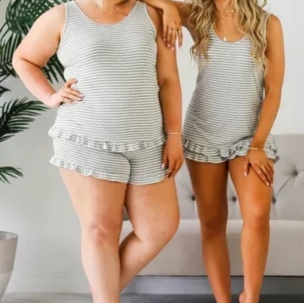 Gray Striped Ruffled Lounge Set